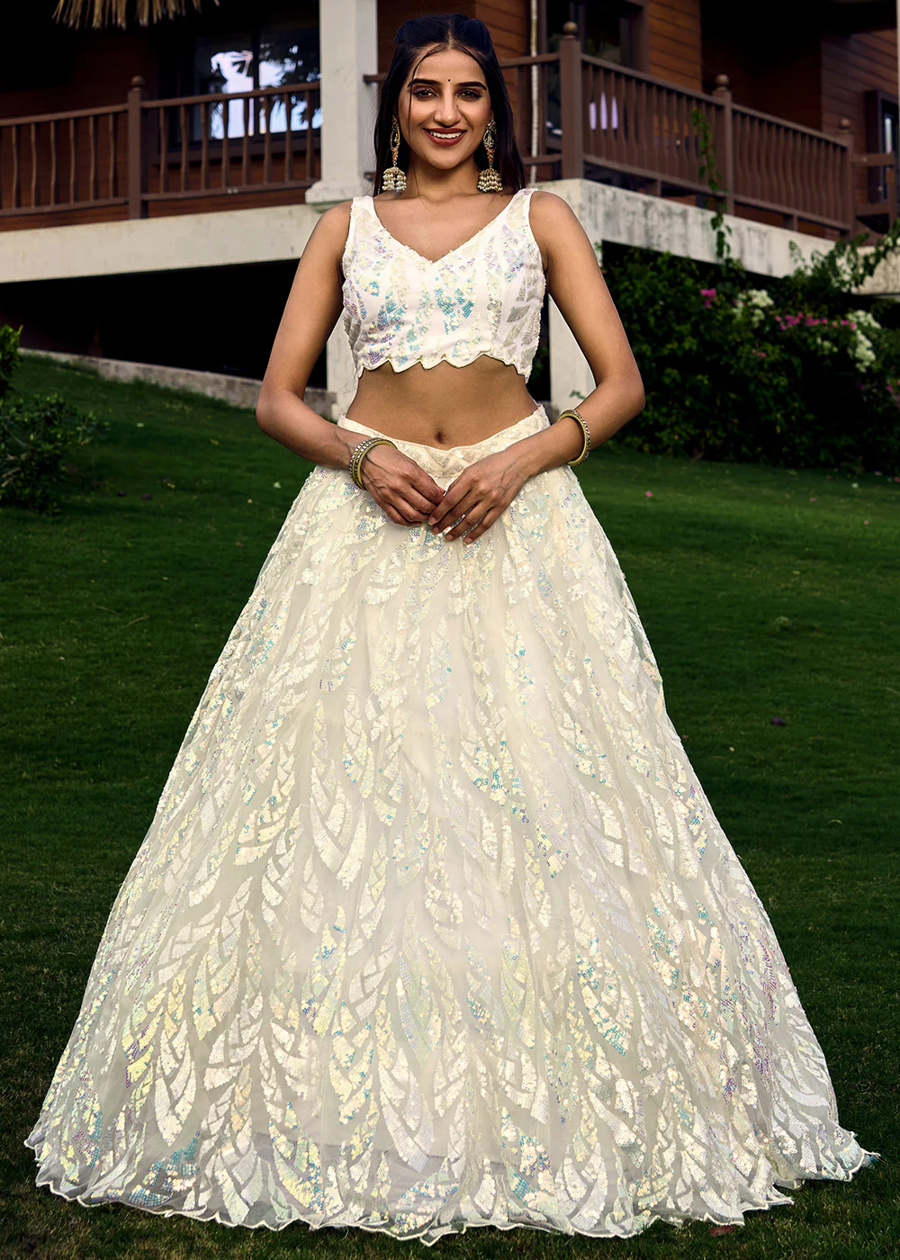 White Multi Sequins & Thread Wedding Lehenga Choli - Image 8