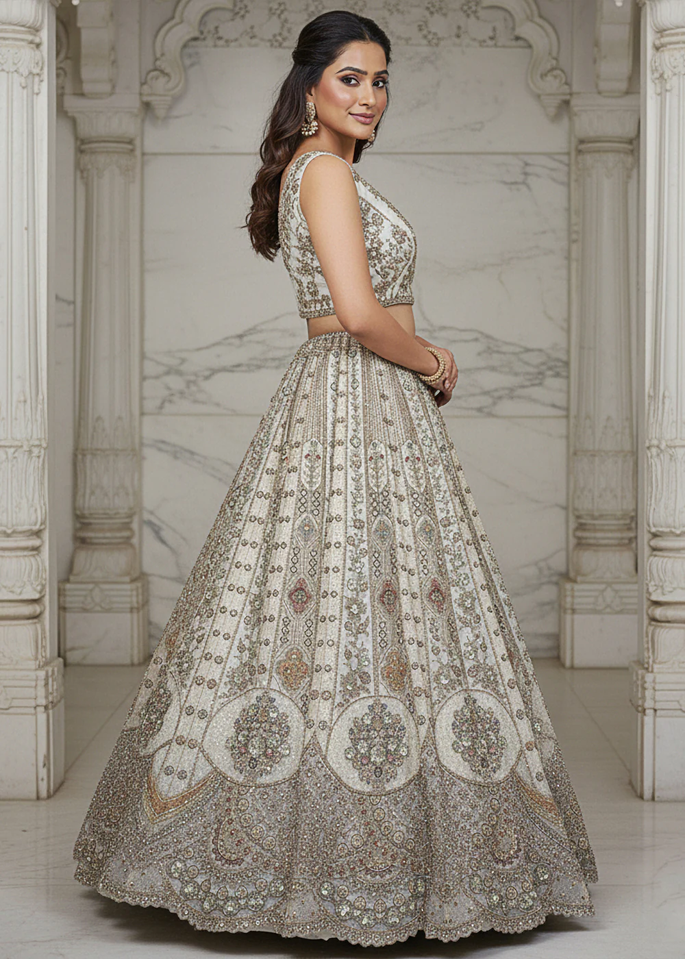 White Organza Embroidered Designer Lehenga Set - Image 4