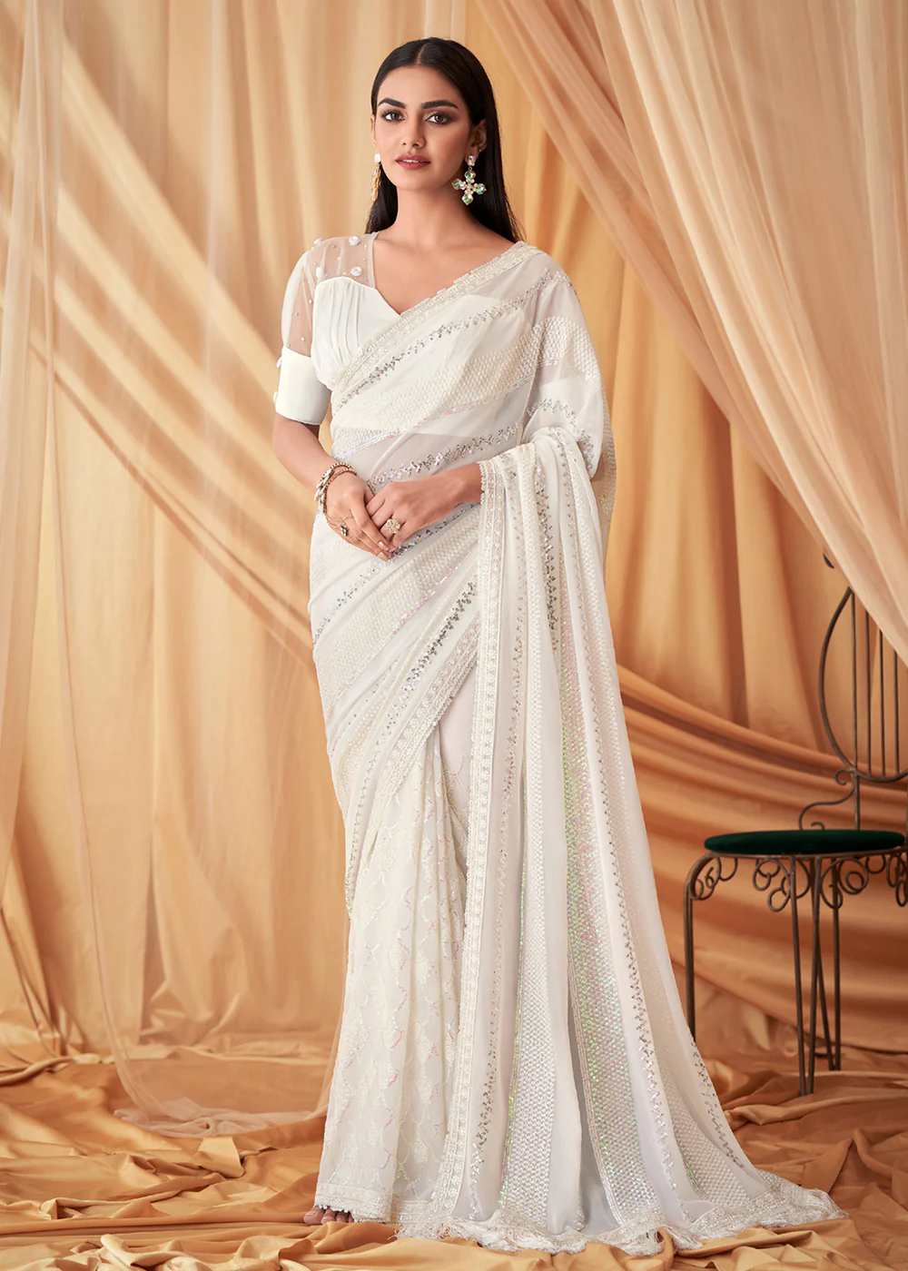 White Pearl Georgette Embroidered Festive Party Saree