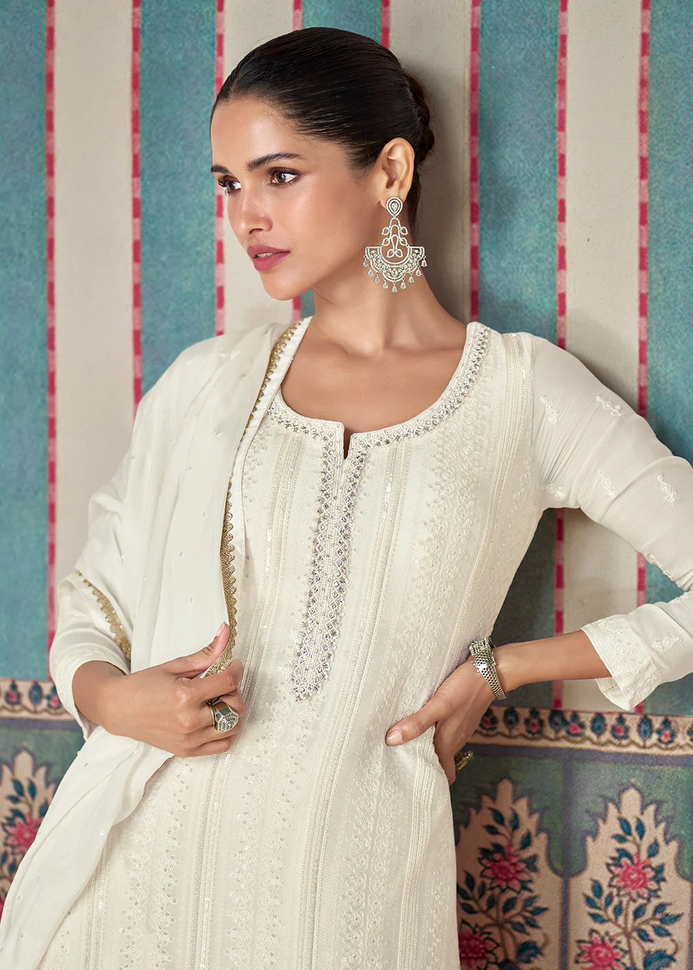 White Premium Embroidered Designer Sharara Suit - Image 2