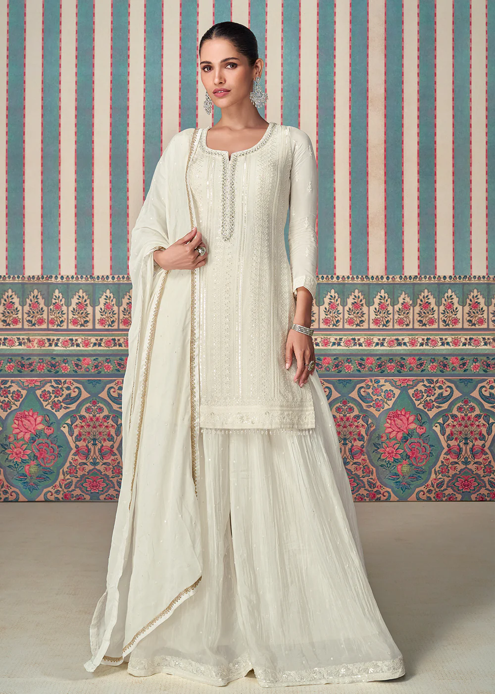 White Premium Embroidered Designer Sharara Suit - Image 3