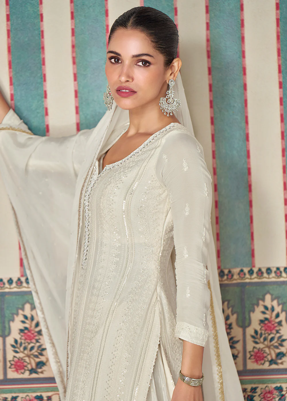 White Premium Embroidered Designer Sharara Suit - Image 4