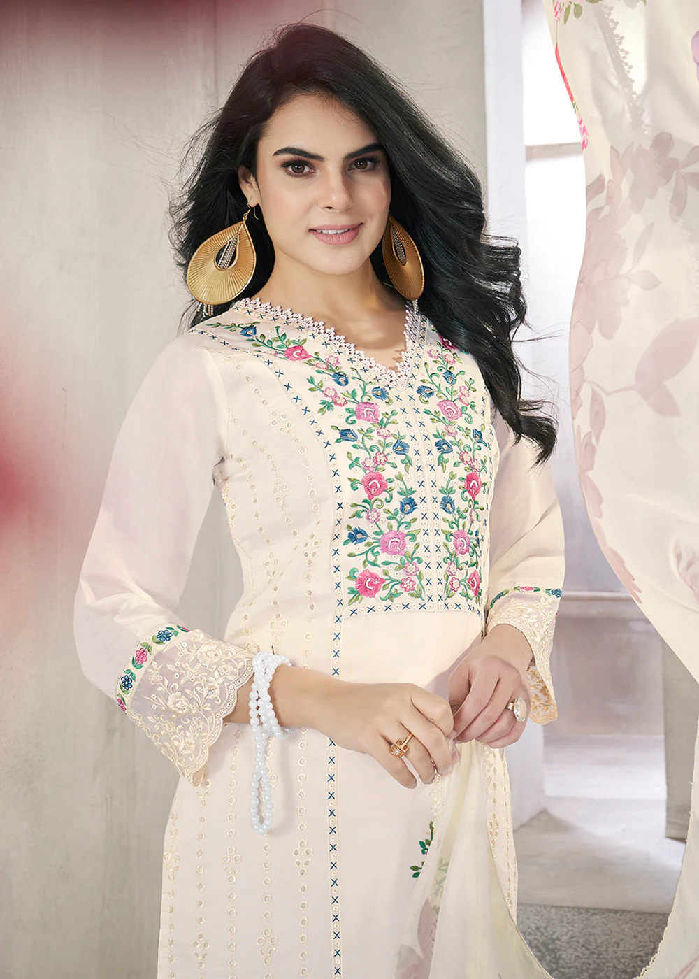 White Roman Silk Embroidered Festive Salwar Kurta Suit - Image 2