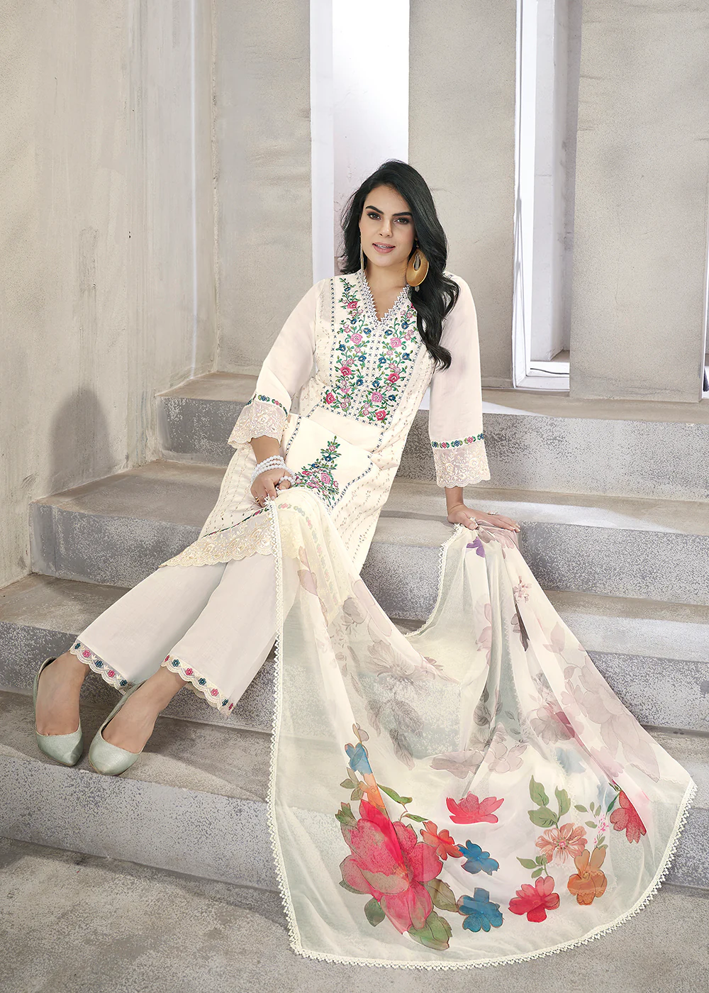 White Roman Silk Embroidered Festive Salwar Kurta Suit - Image 3