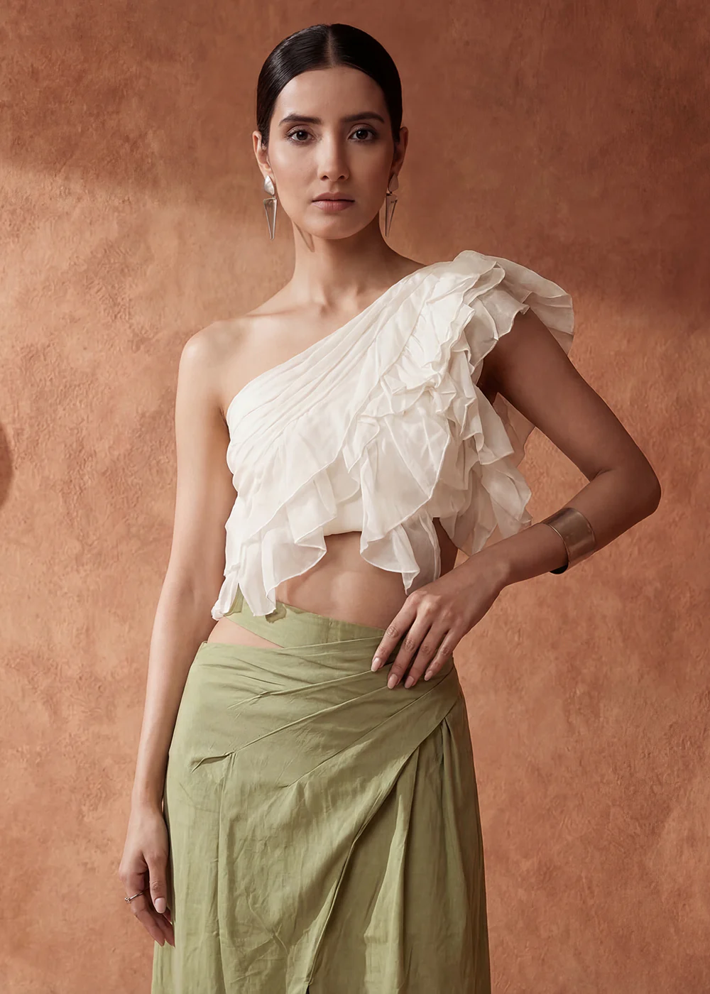 White Ruffled One Shoulder Top with Green Cotton Skirt Dress - Image 5