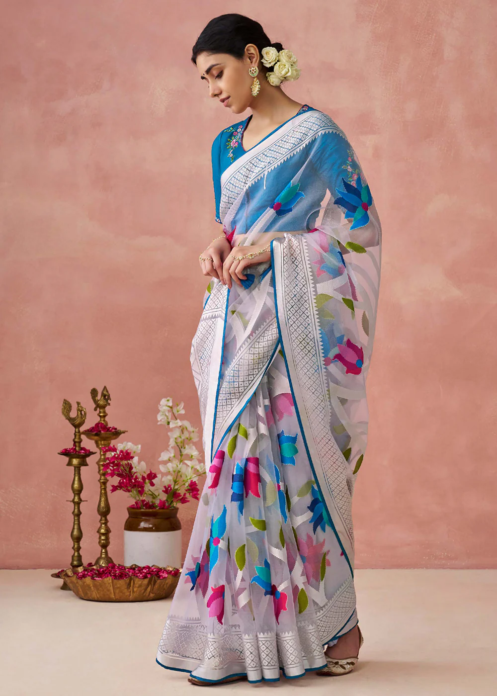 White Soft Brasso Organza Printed Festive Classic Saree