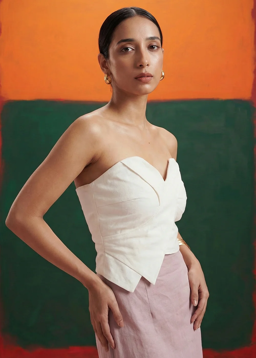 White Tube Top Linen Mauve Pencil Skirt Indo Western Dress - Image 4