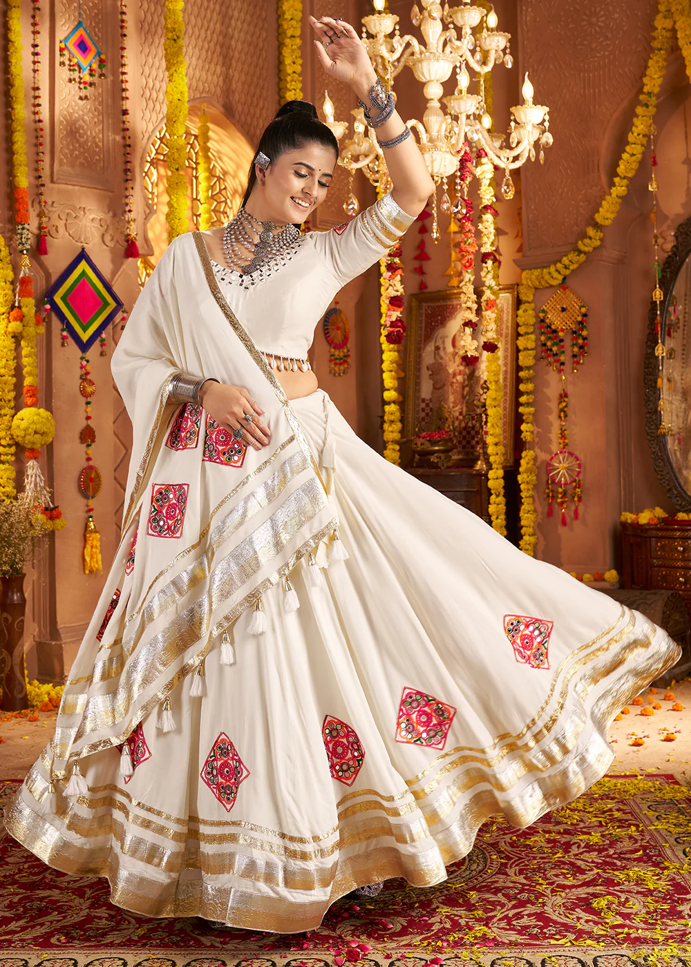 White Viscose Rayon Embroidered Navratri Chaniya Choli
