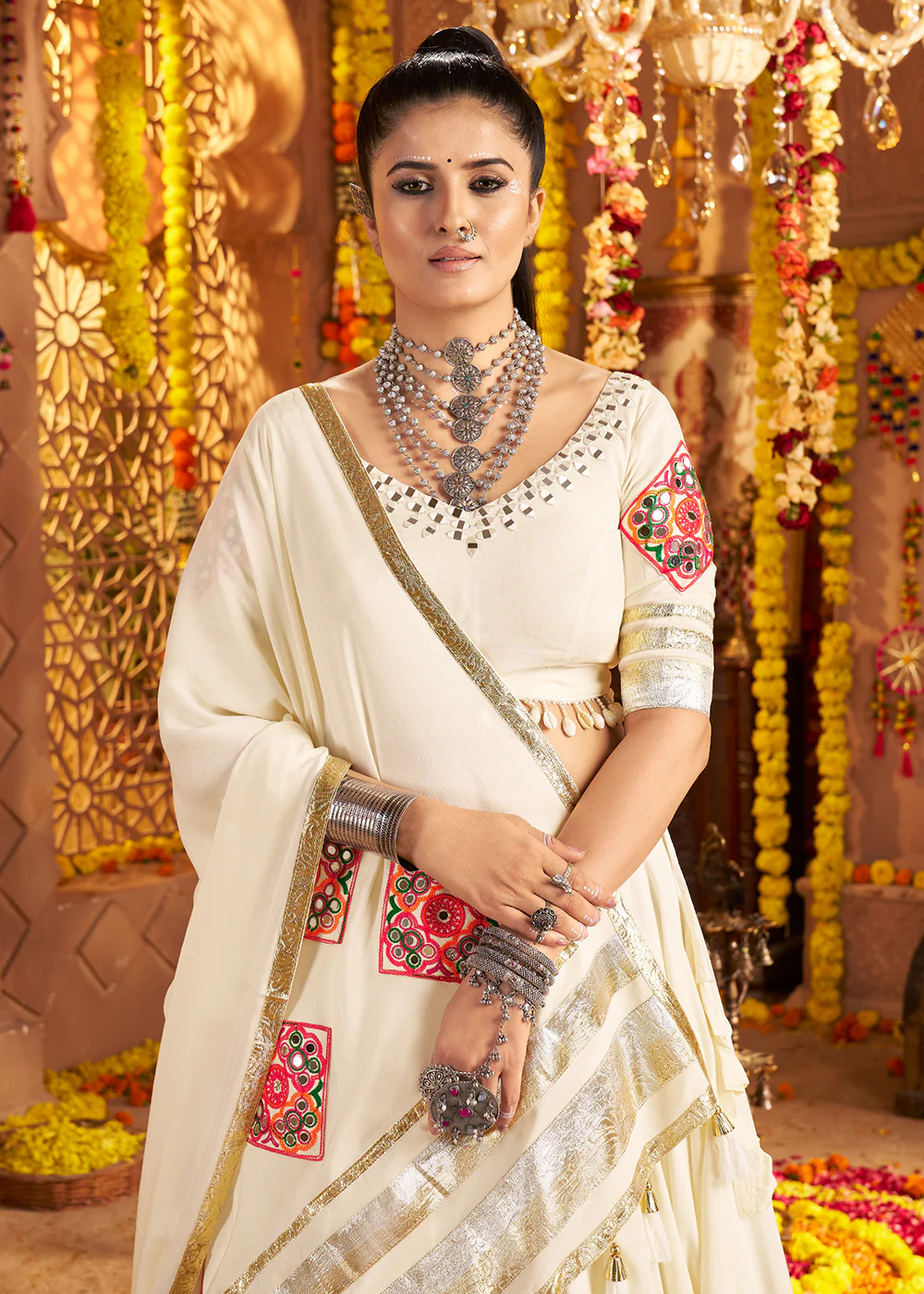 White Viscose Rayon Embroidered Navratri Chaniya Choli - Image 2