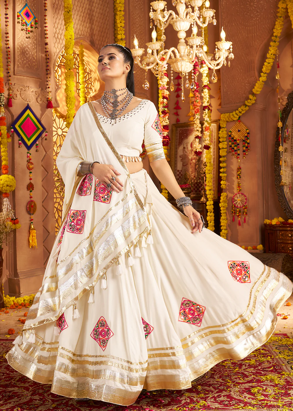 White Viscose Rayon Embroidered Navratri Chaniya Choli - Image 3