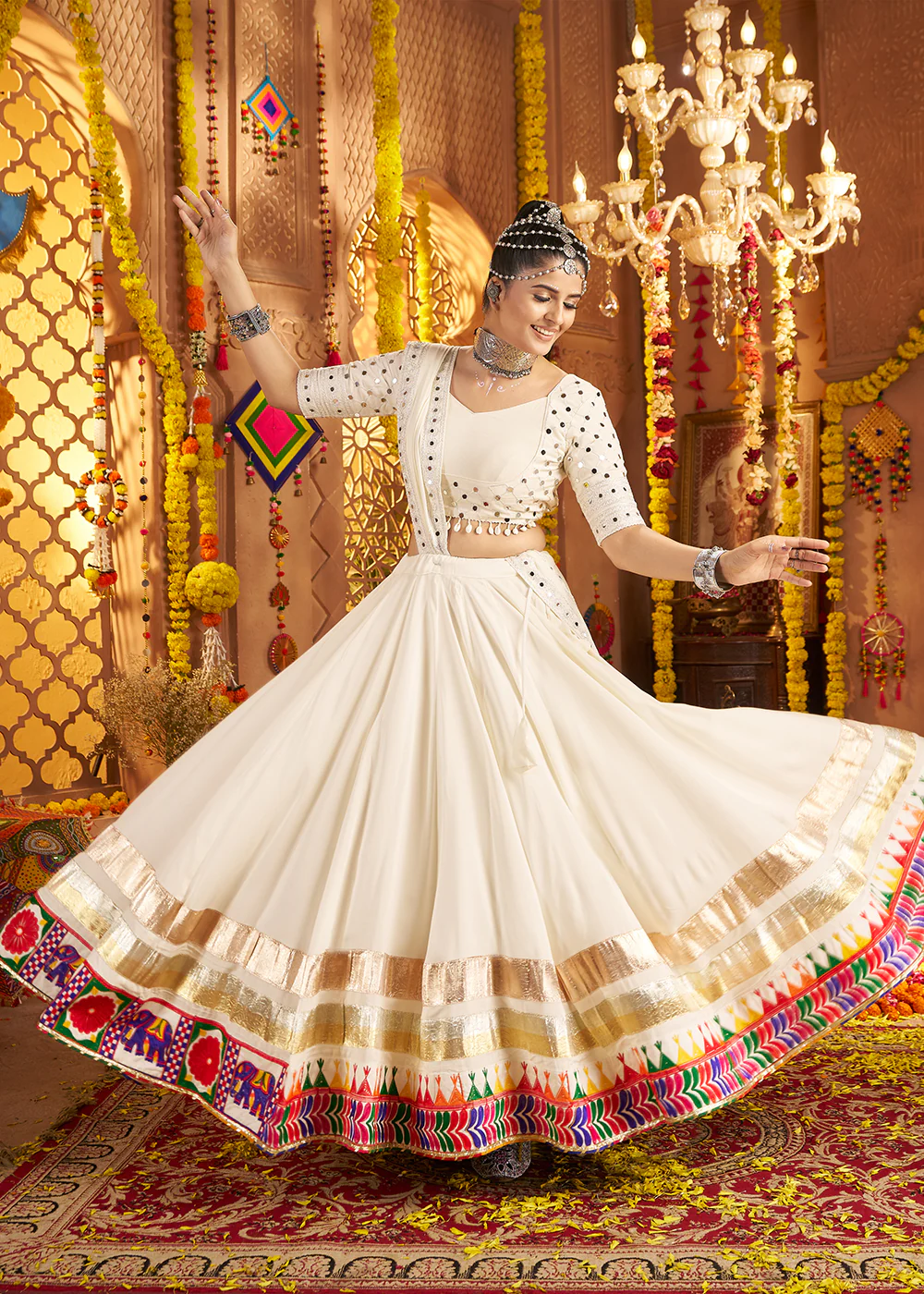 White Viscose Rayon Embroidered Navratri Chaniya Choli - Image 4