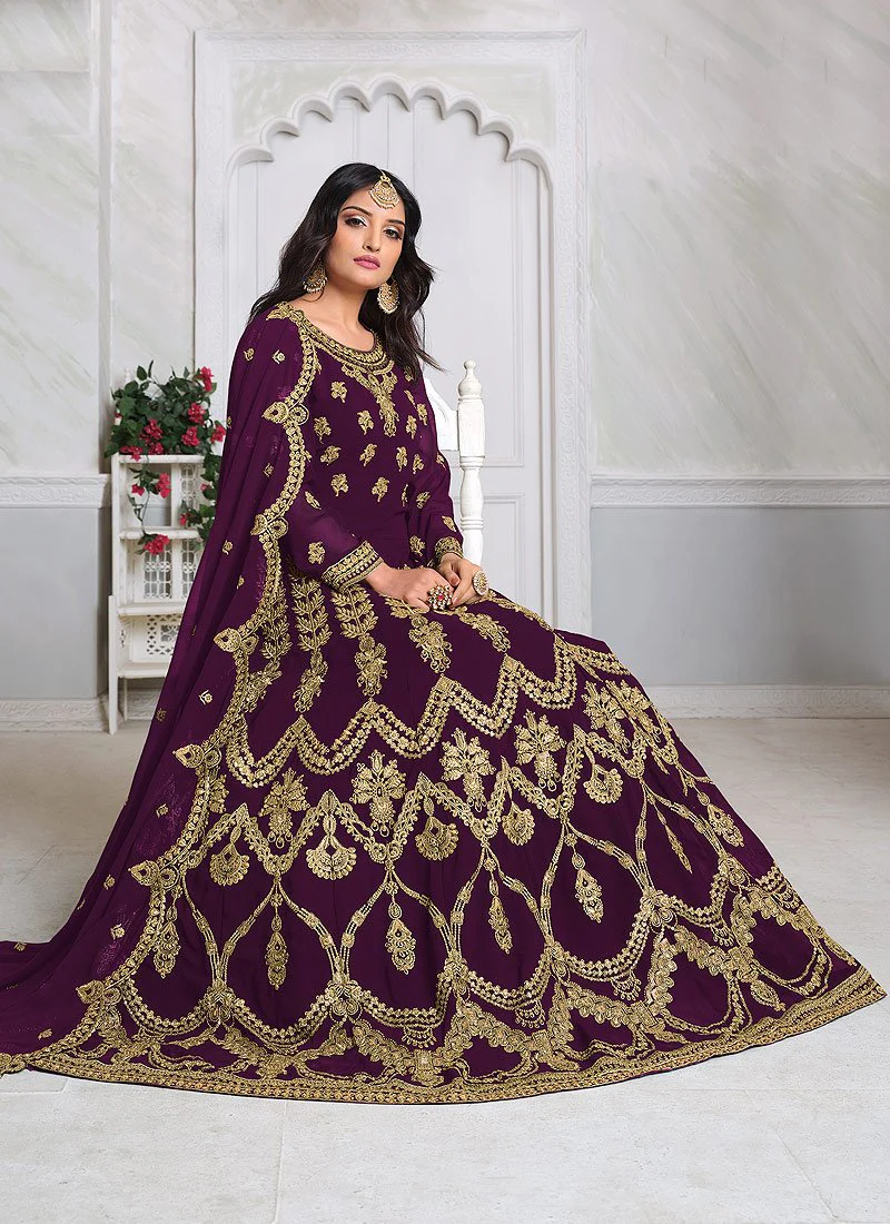 Wine Abaya Style Embroidered Anarkali Suit - Image 3