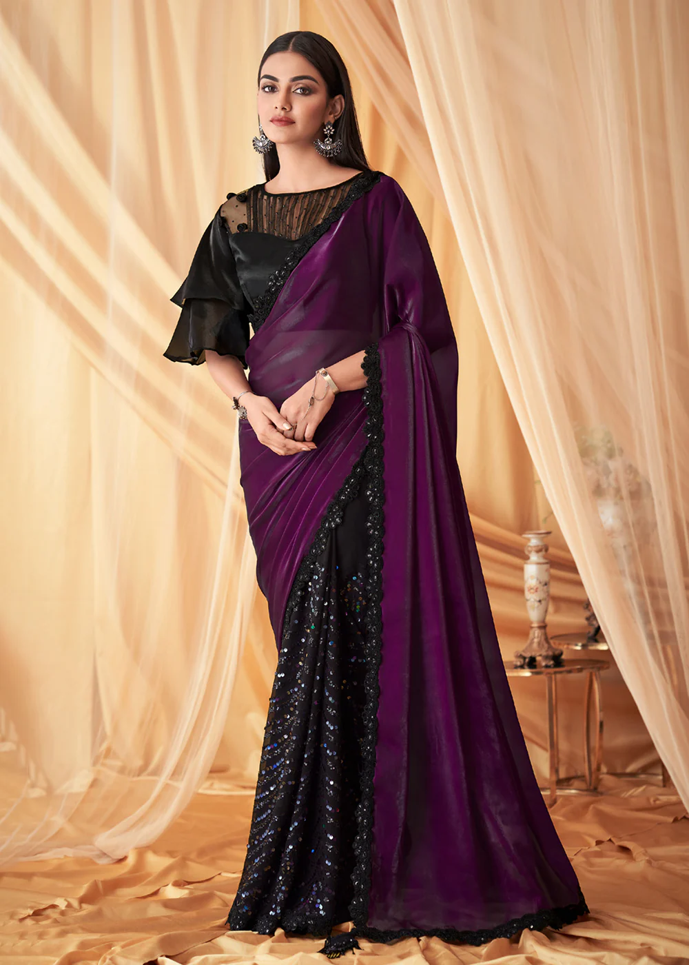 Wine & Black Georgette Silk Embroidered Festive Party Saree