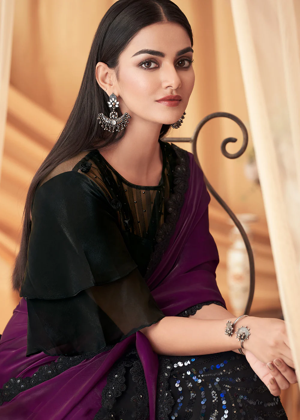 Wine & Black Georgette Silk Embroidered Festive Party Saree - Image 2