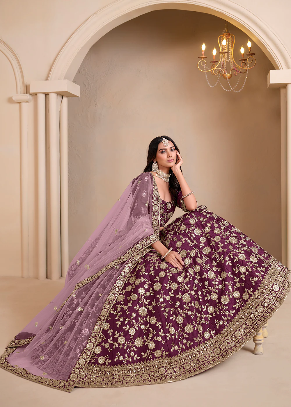Wine Bridesmaids Style Art Silk Wedding Lehenga Choli - Image 3