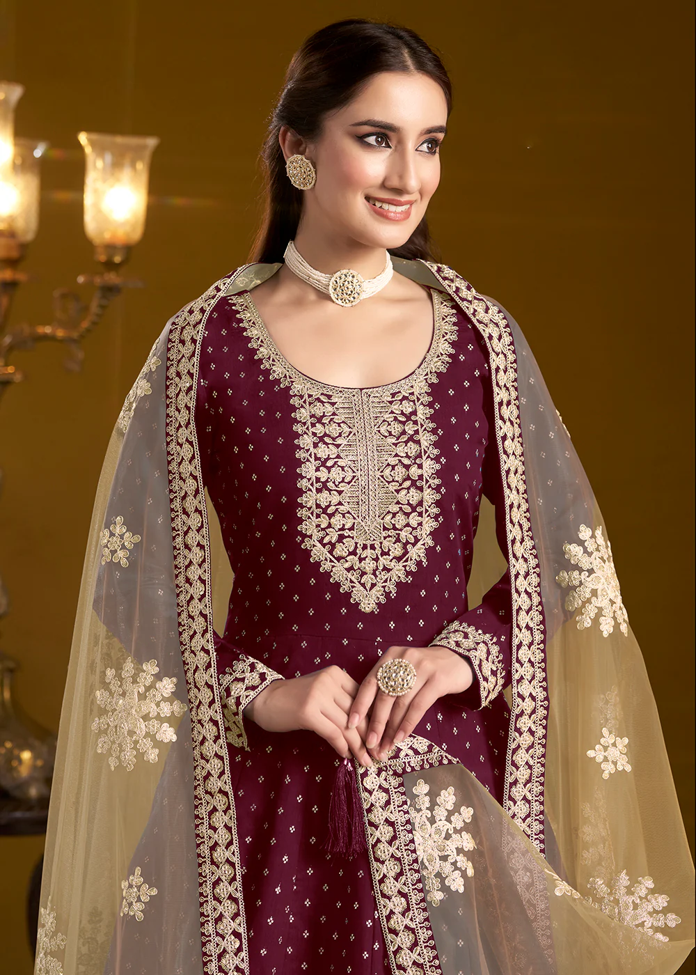 Wine Chanderi Butti Embroidered Festive Anarkali Suit - Image 2