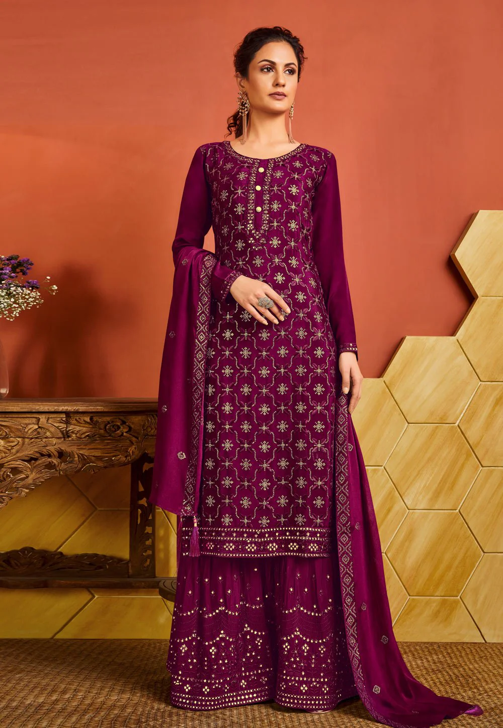 Wine Chinnon Sequins Embroidered Palazzo Suit