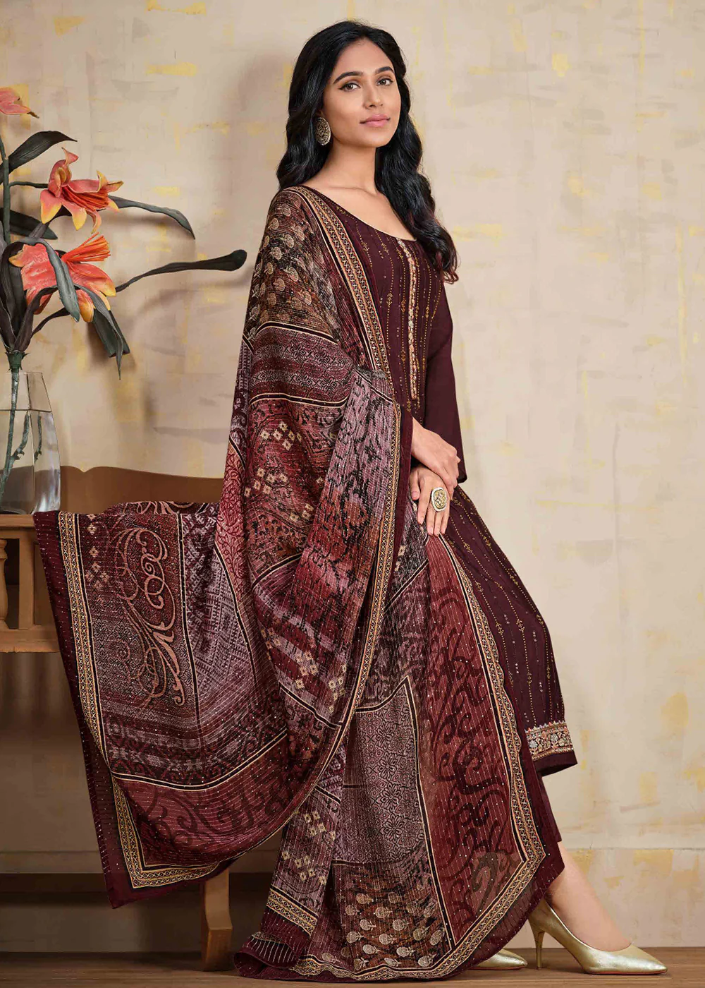Wine Chinnon Pant Style Wedding Ceremony Suit - Image 3
