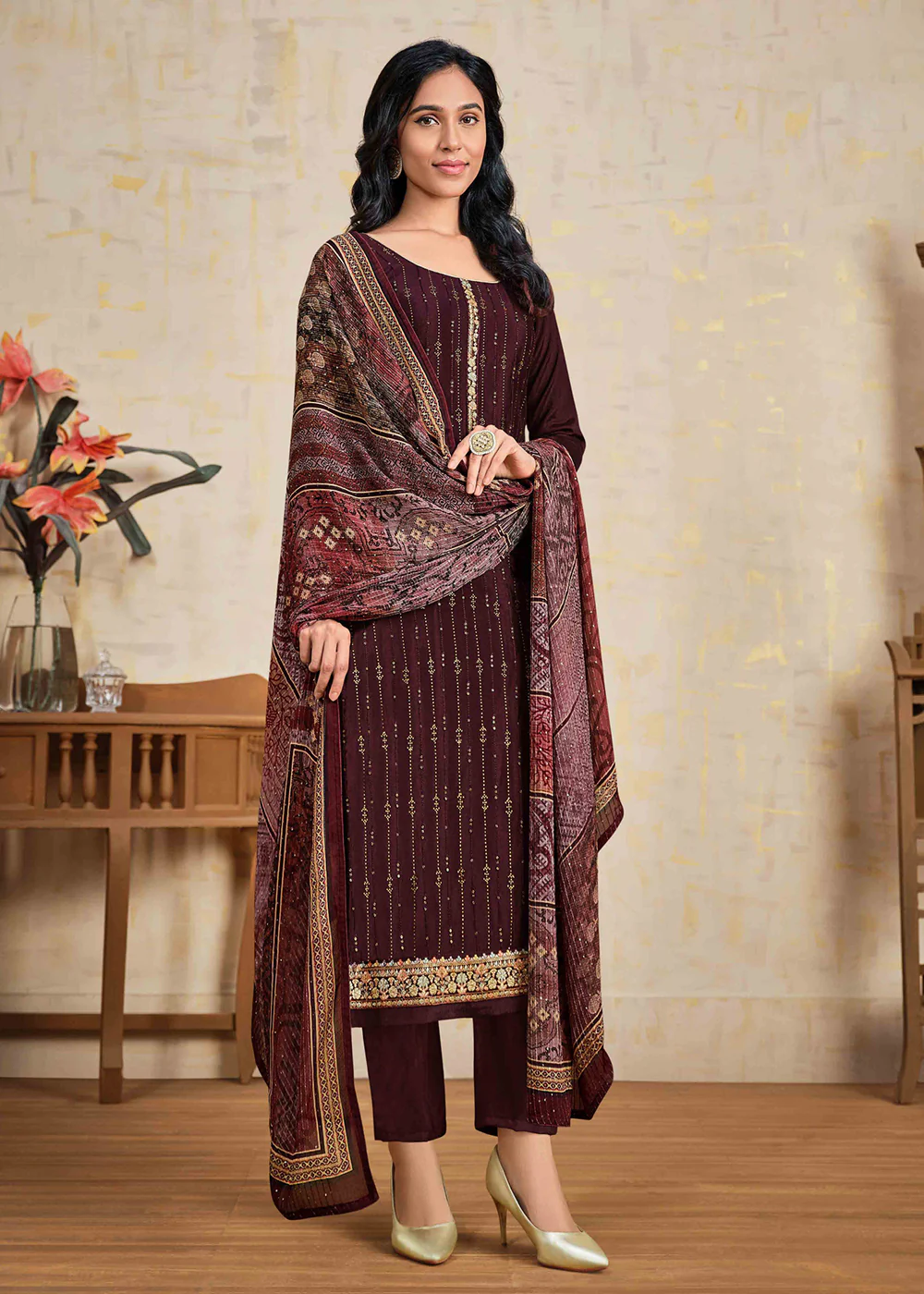 Wine Chinnon Pant Style Wedding Ceremony Suit - Image 4