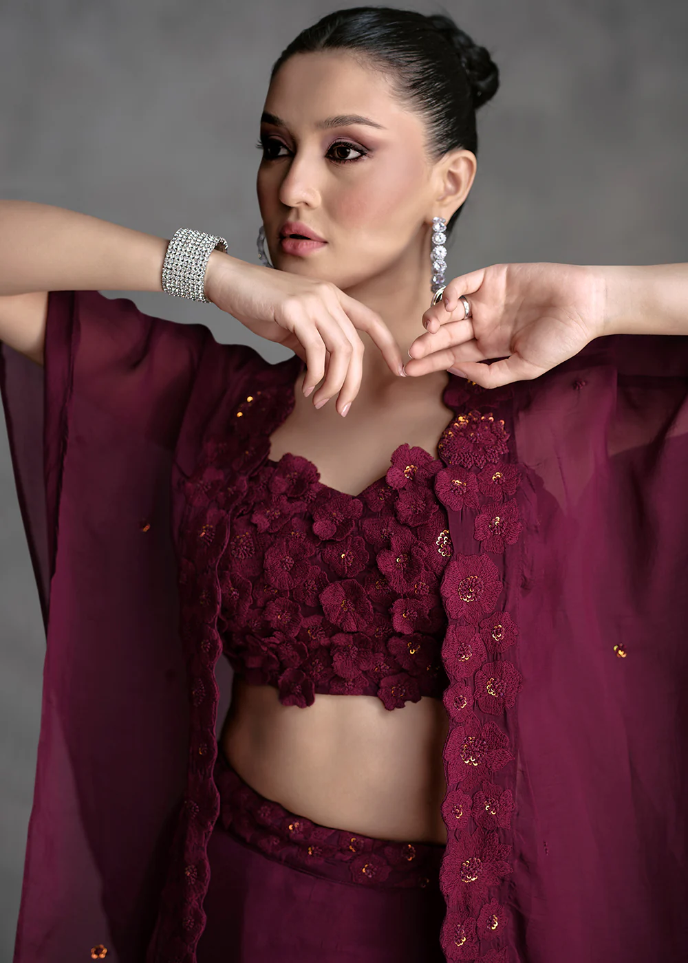 Wine Crop Top Style Designer Indo Western Lehenga - Image 2