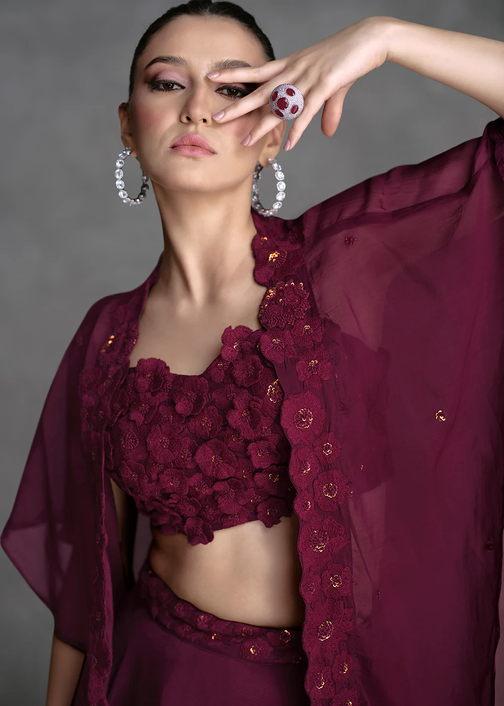 Wine Crop Top Style Designer Indo Western Lehenga - Image 4