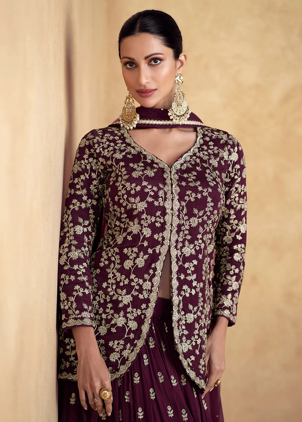 Wine Embroidered Chinnon Wedding Party Lehenga Dress - Image 2