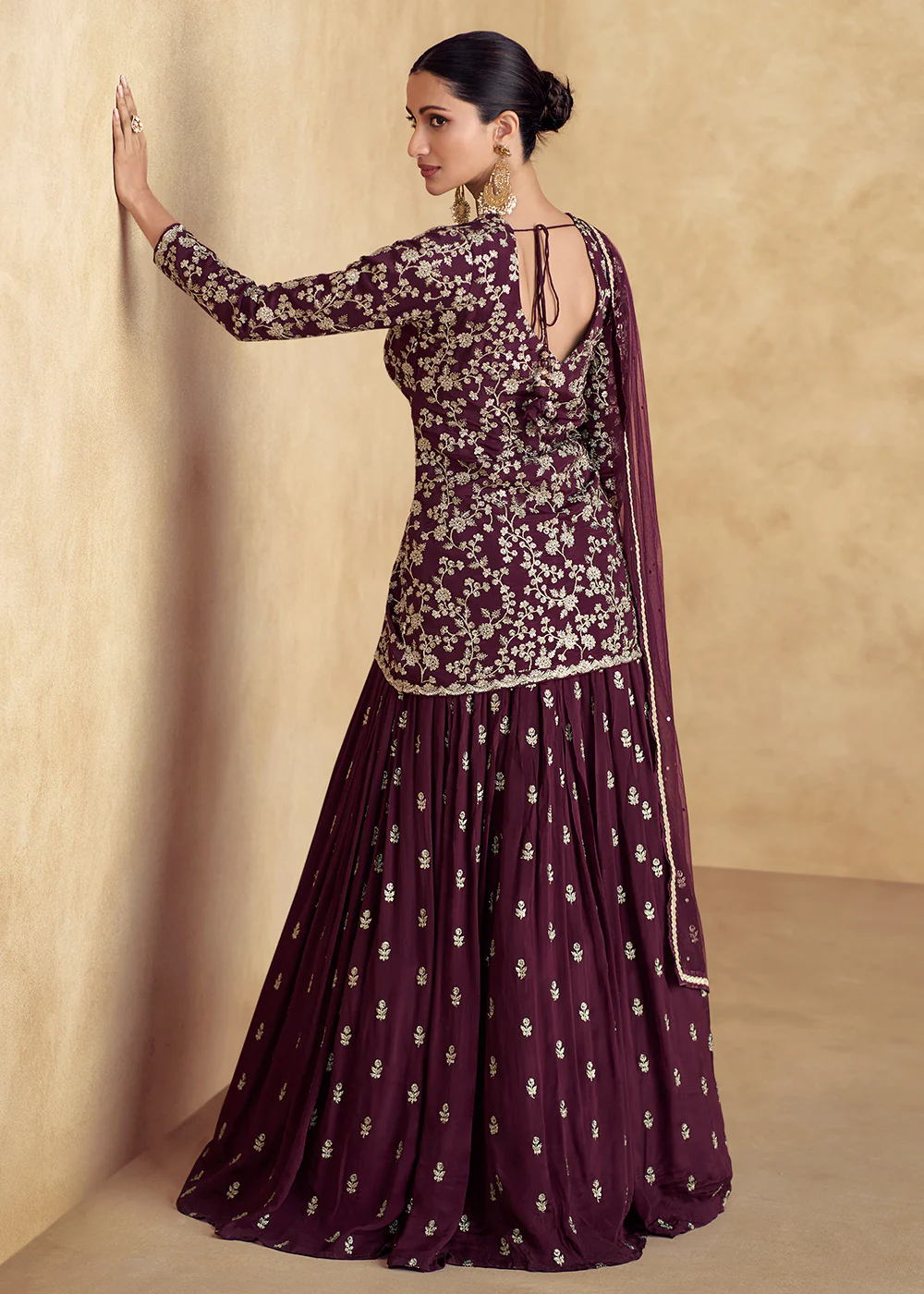 Wine Embroidered Chinnon Wedding Party Lehenga Dress - Image 3