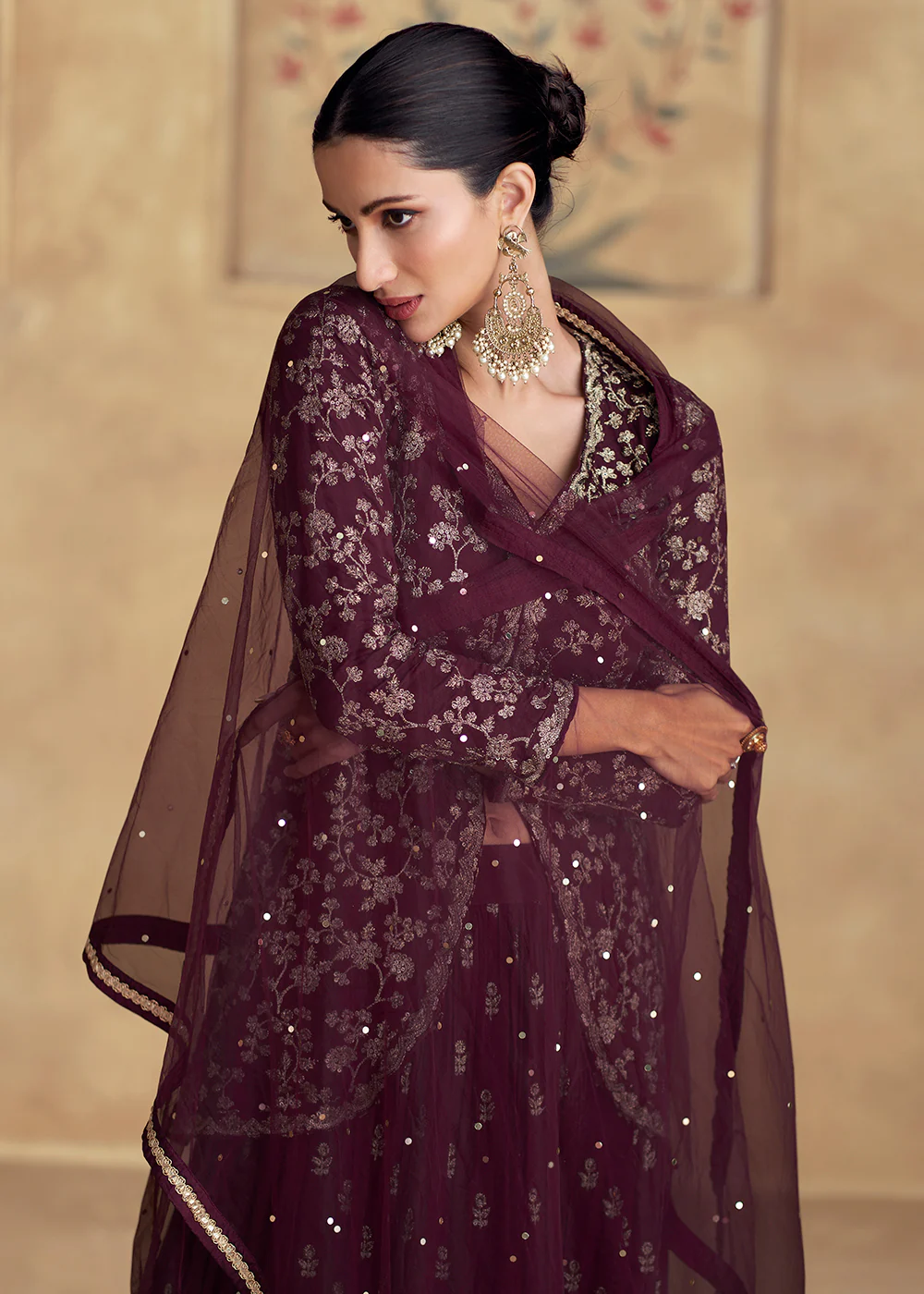 Wine Embroidered Chinnon Wedding Party Lehenga Dress - Image 4