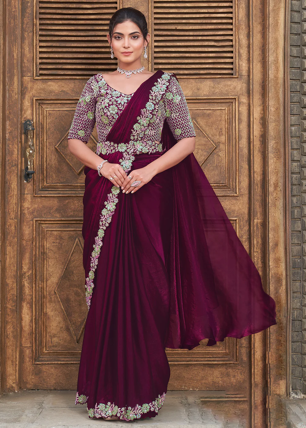 Wine Embroidered Designer Ready to Wear Saree