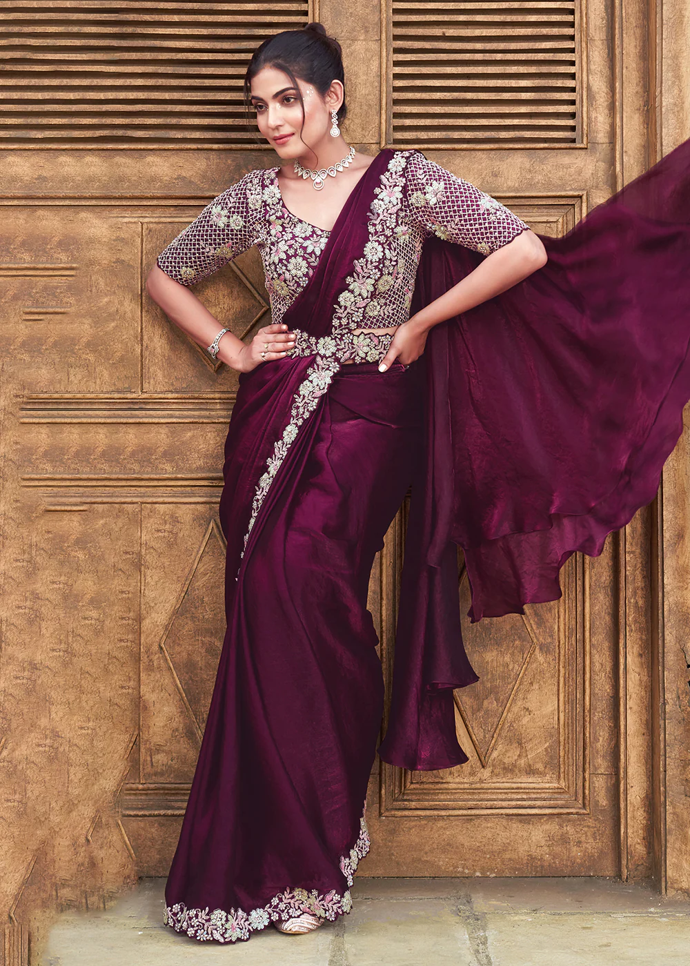 Wine Embroidered Designer Ready to Wear Saree - Image 3