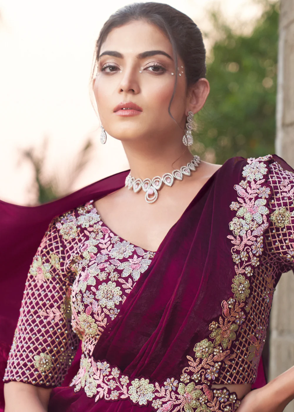 Wine Embroidered Designer Ready to Wear Saree - Image 4