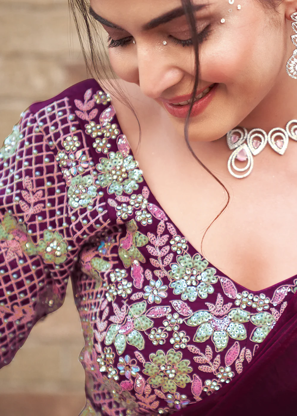 Wine Embroidered Designer Ready to Wear Saree - Image 5