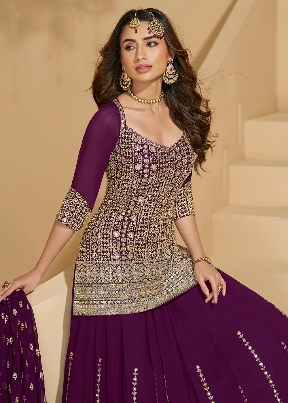 Wine Embroidered Georgette Designer Lehenga Style Suit - Image 3