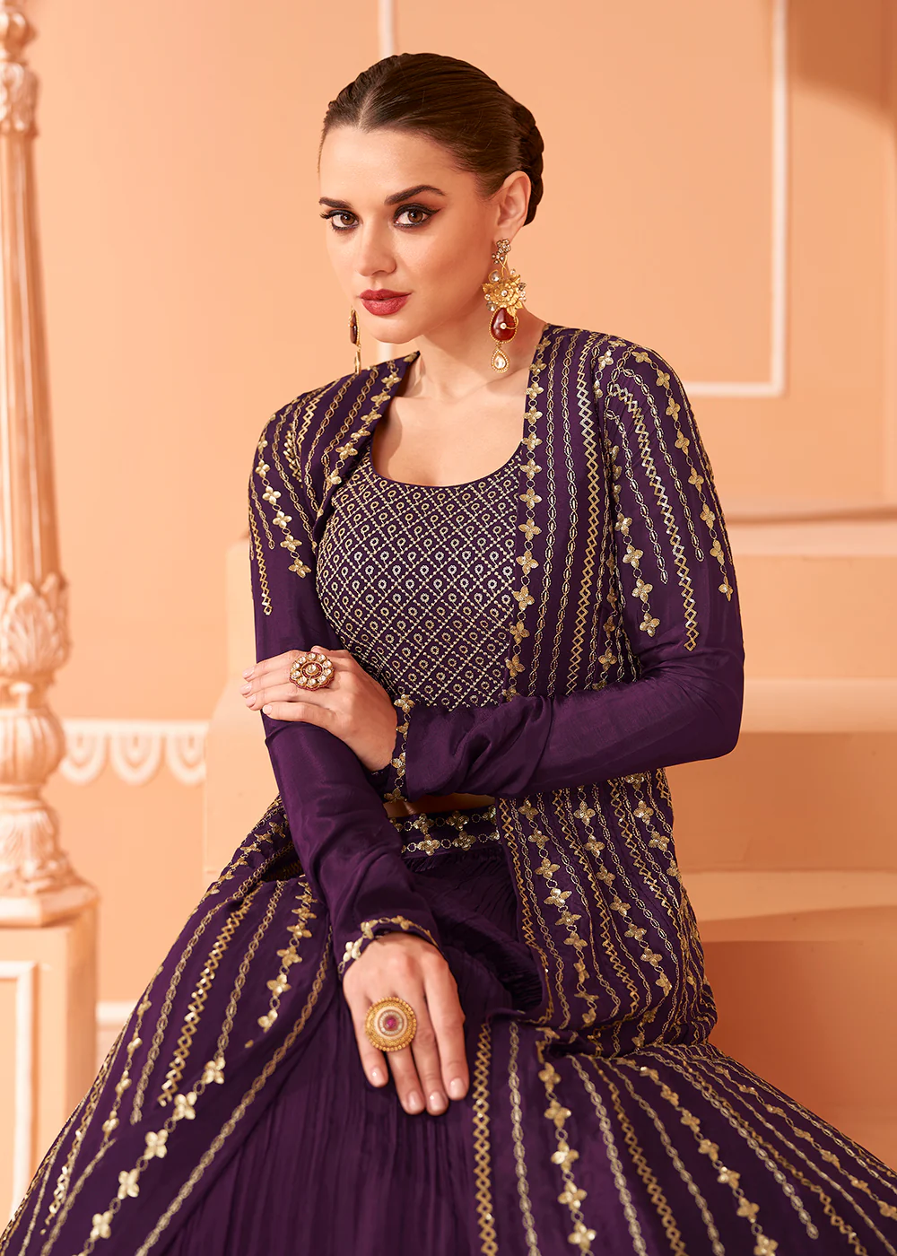 Wine Embroidered Georgette Jacket Style Lehenga Choli - Image 2