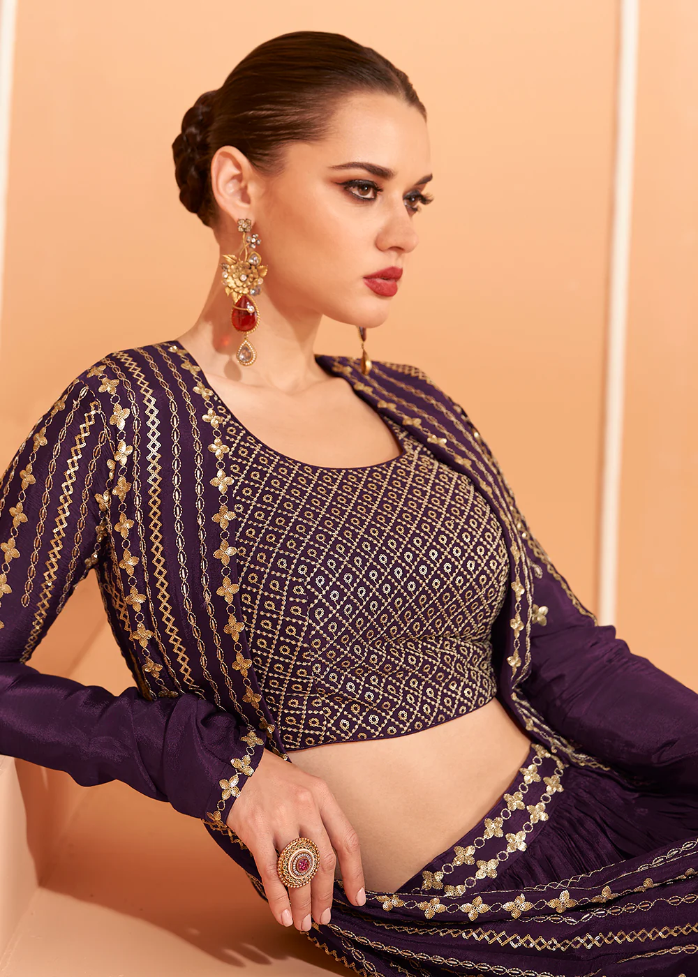 Wine Embroidered Georgette Jacket Style Lehenga Choli - Image 4