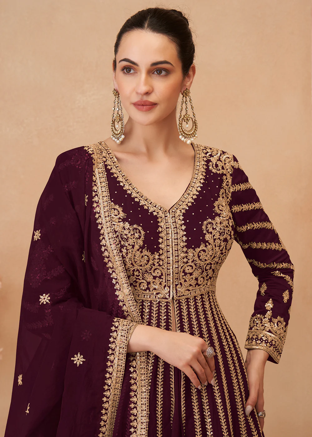 Wine Embroidered Slitted Skirt Style Anarkali Suit - Image 2