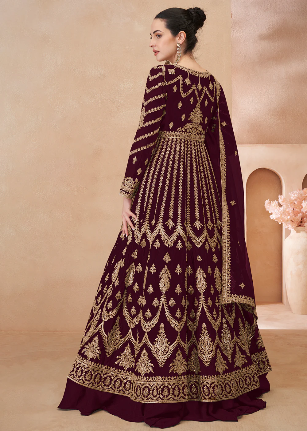 Wine Embroidered Slitted Skirt Style Anarkali Suit - Image 3