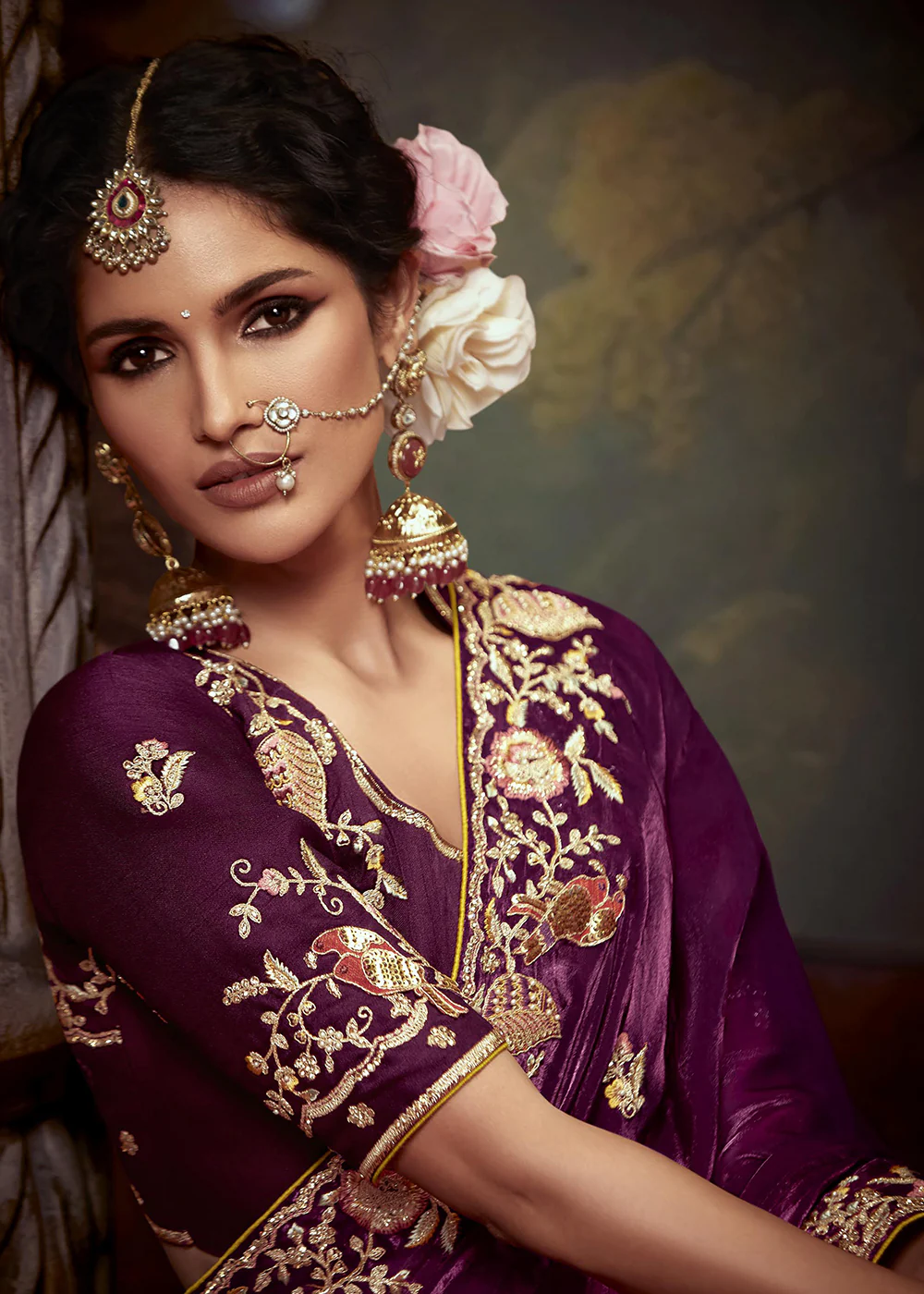 Wine Fancy Fabric Embroidered Festive Saree - Image 2
