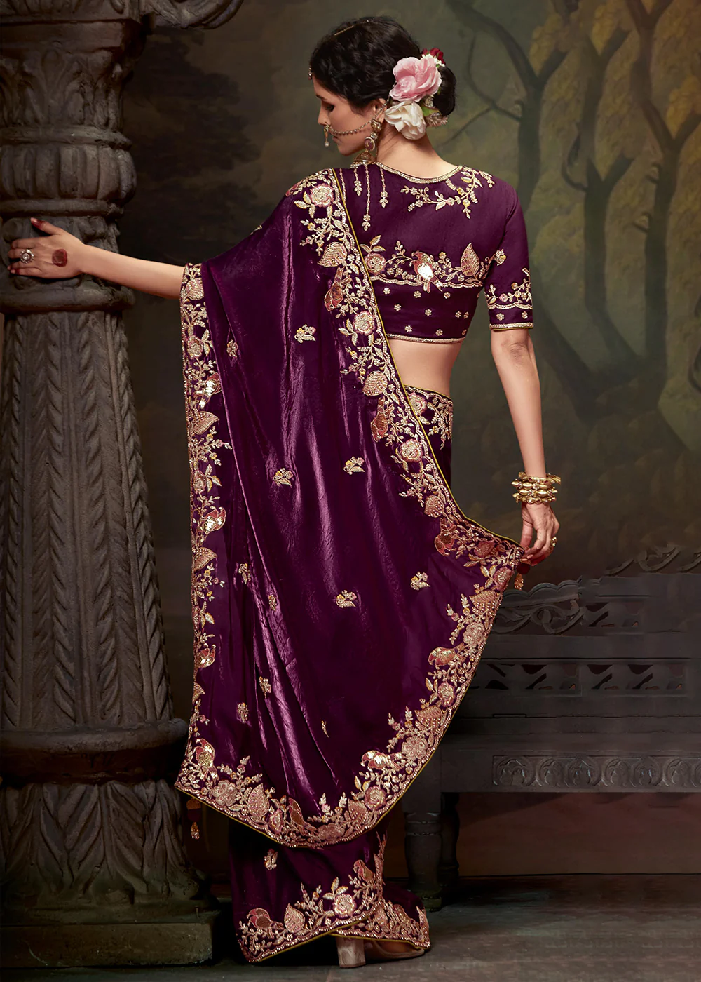 Wine Fancy Fabric Embroidered Festive Saree - Image 3