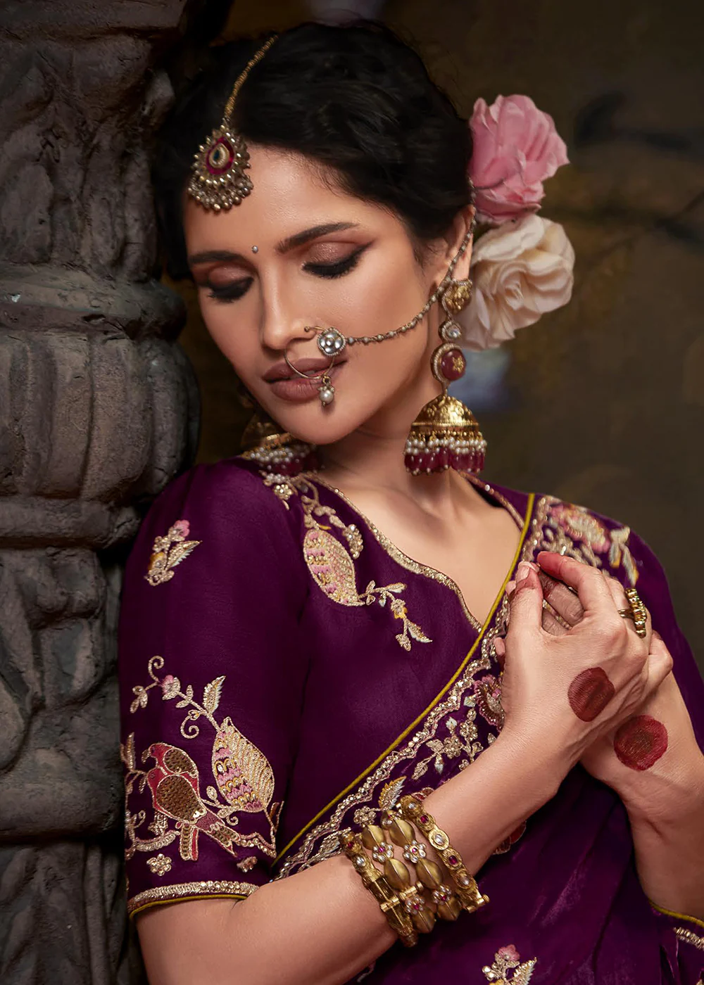 Wine Fancy Fabric Embroidered Festive Saree - Image 4