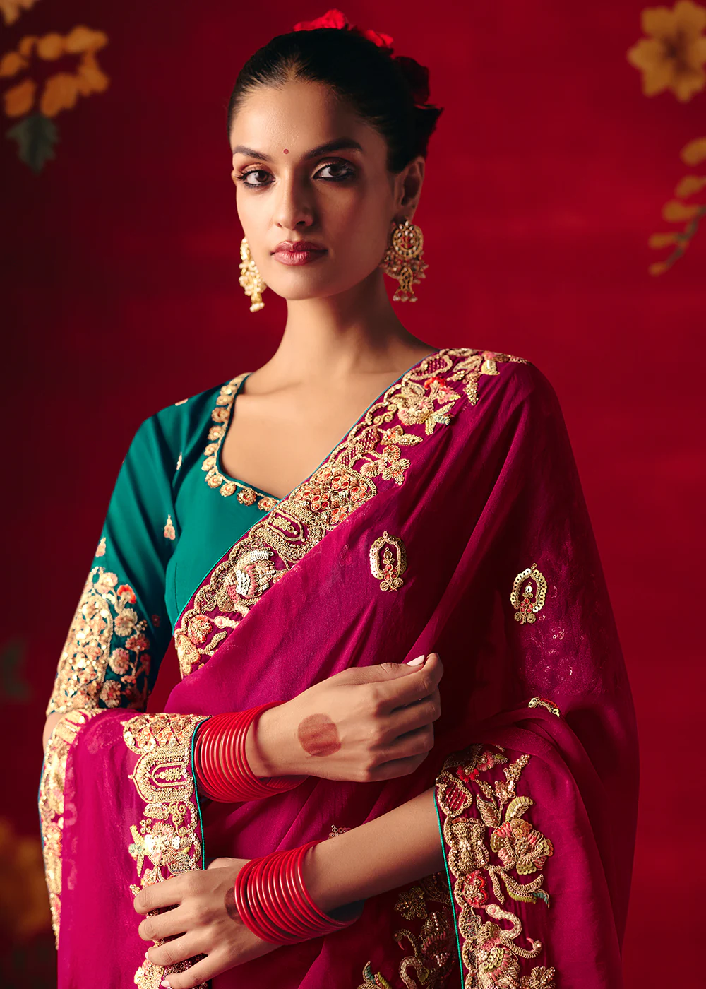 Wine Fancy Material Wedding Designer Saree - Image 2