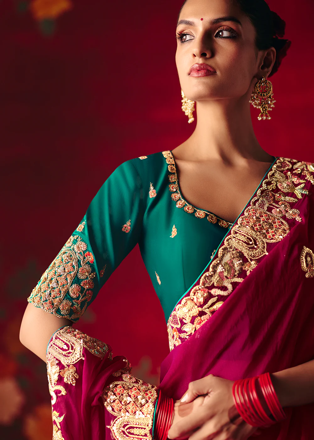 Wine Fancy Material Wedding Designer Saree - Image 4