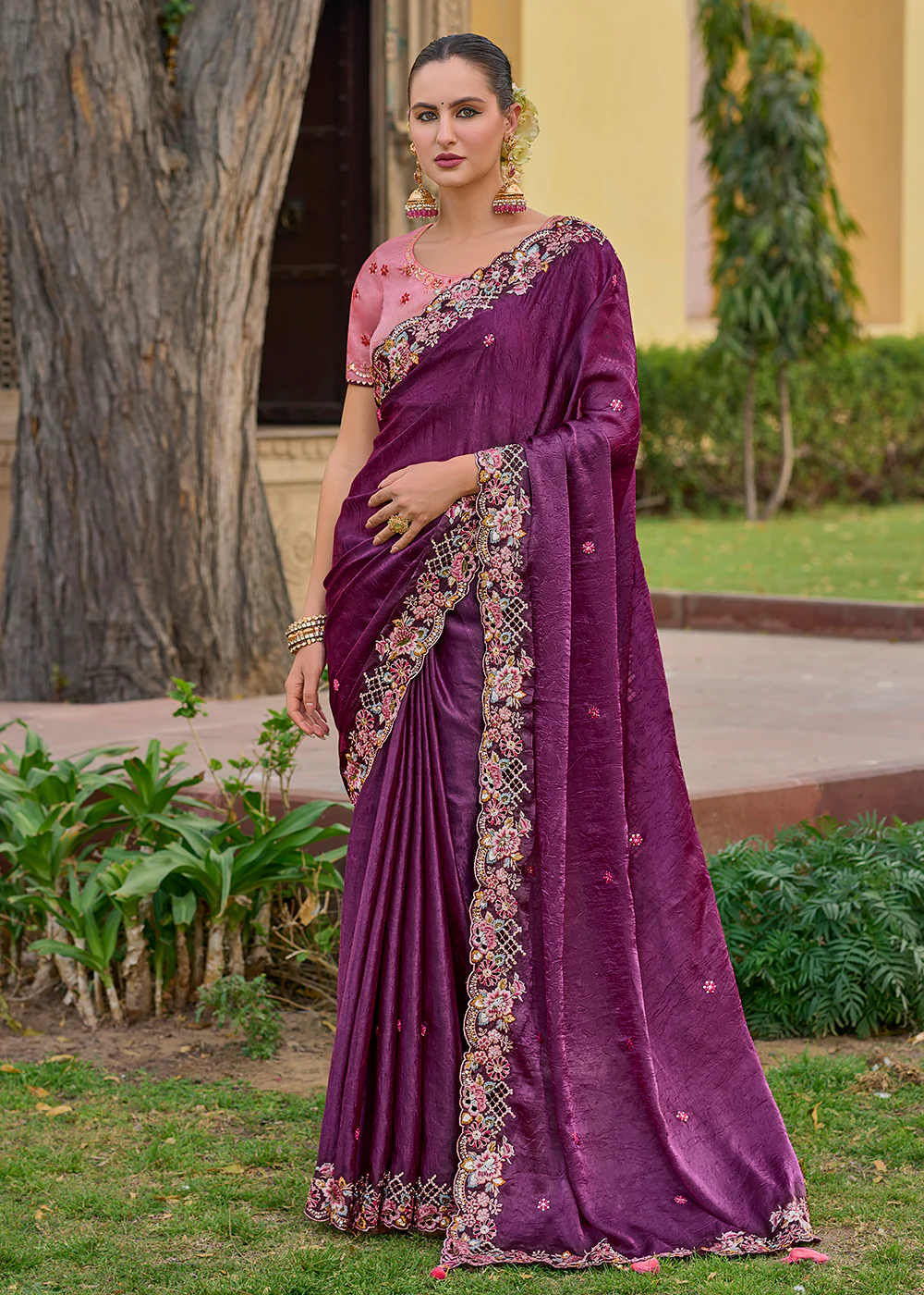 Wine Fancy Tissue Organza Silk Designer Saree