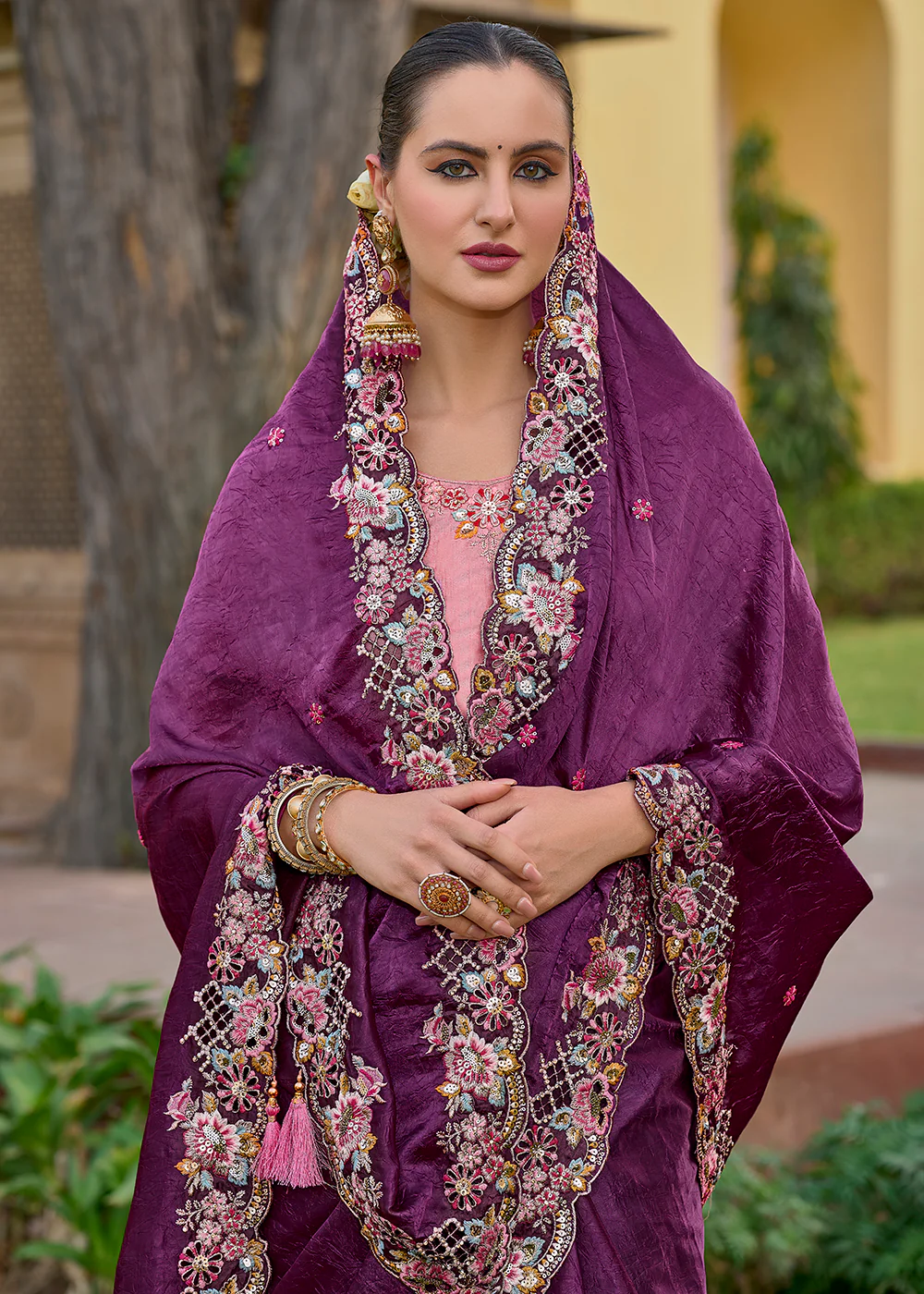 Wine Fancy Tissue Organza Silk Designer Saree - Image 2