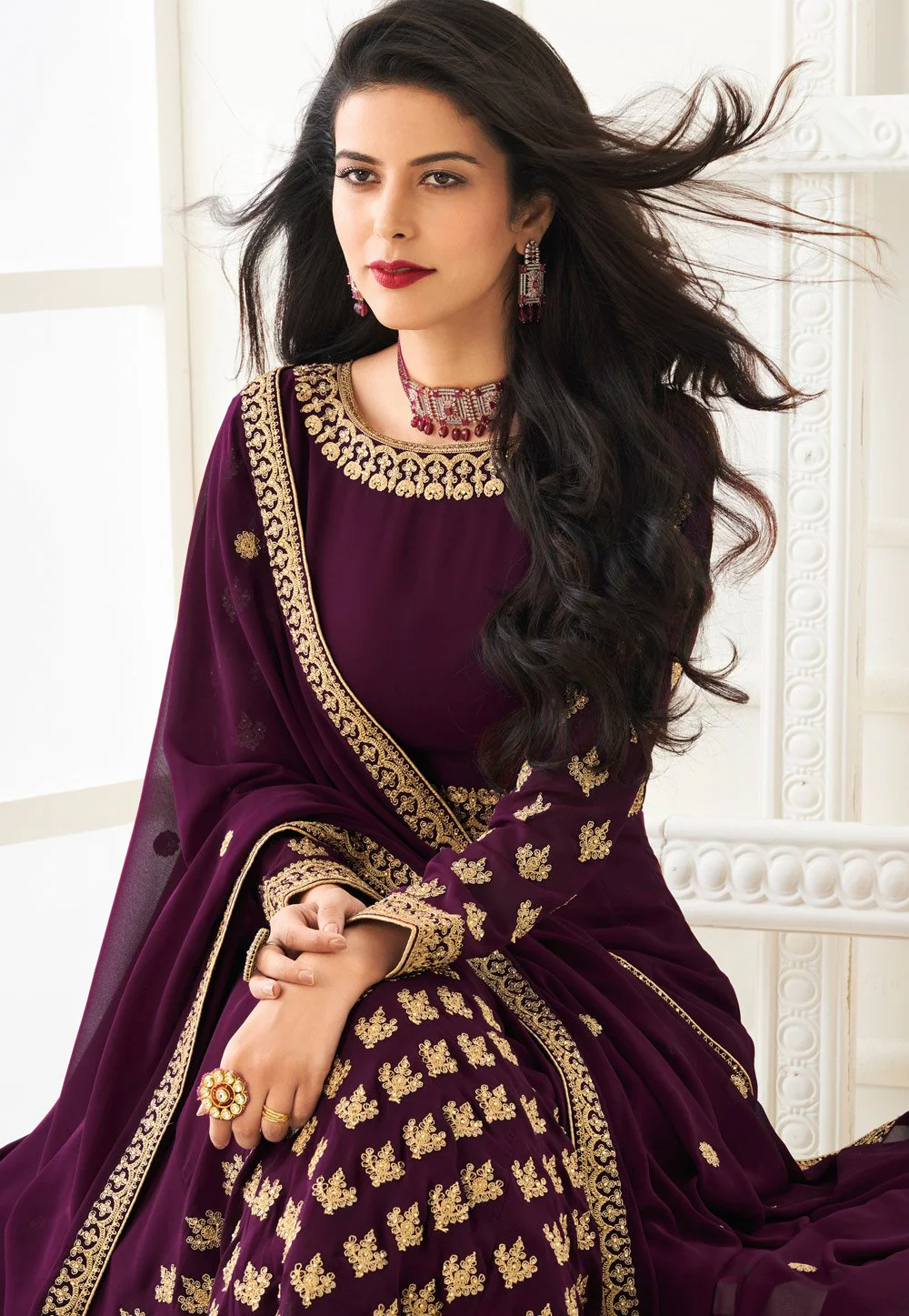 Wine Faux Georgette Embroidered Anarkali Suit - Image 2