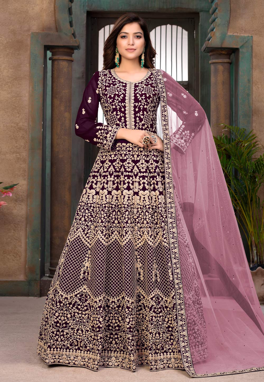 Wine Faux Georgette Floor Length Anarkali Suit