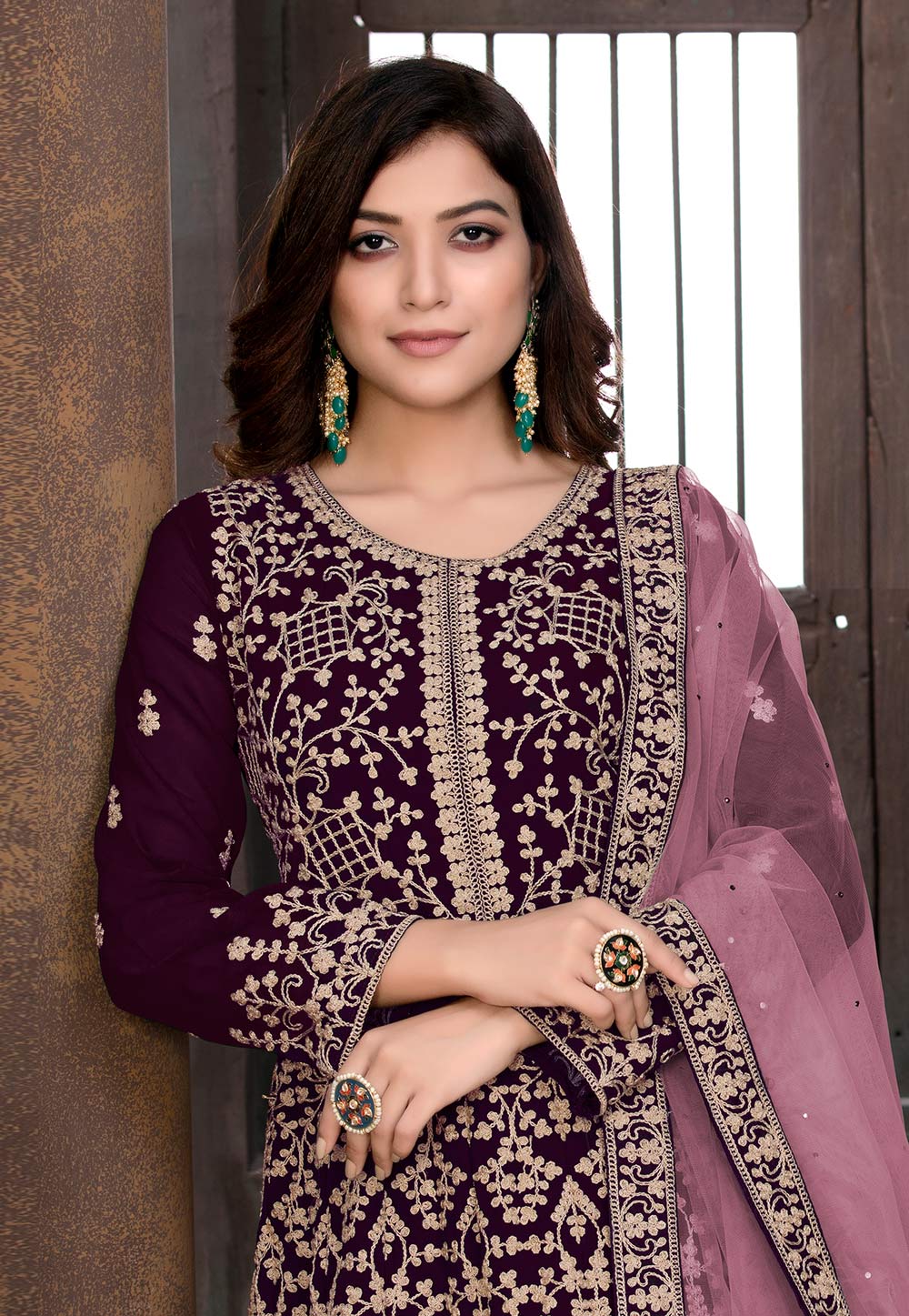 Wine Faux Georgette Floor Length Anarkali Suit - Image 2