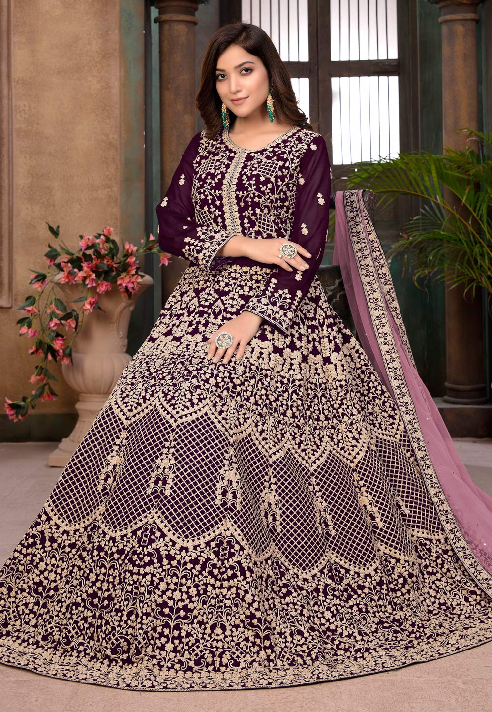 Wine Faux Georgette Floor Length Anarkali Suit - Image 3