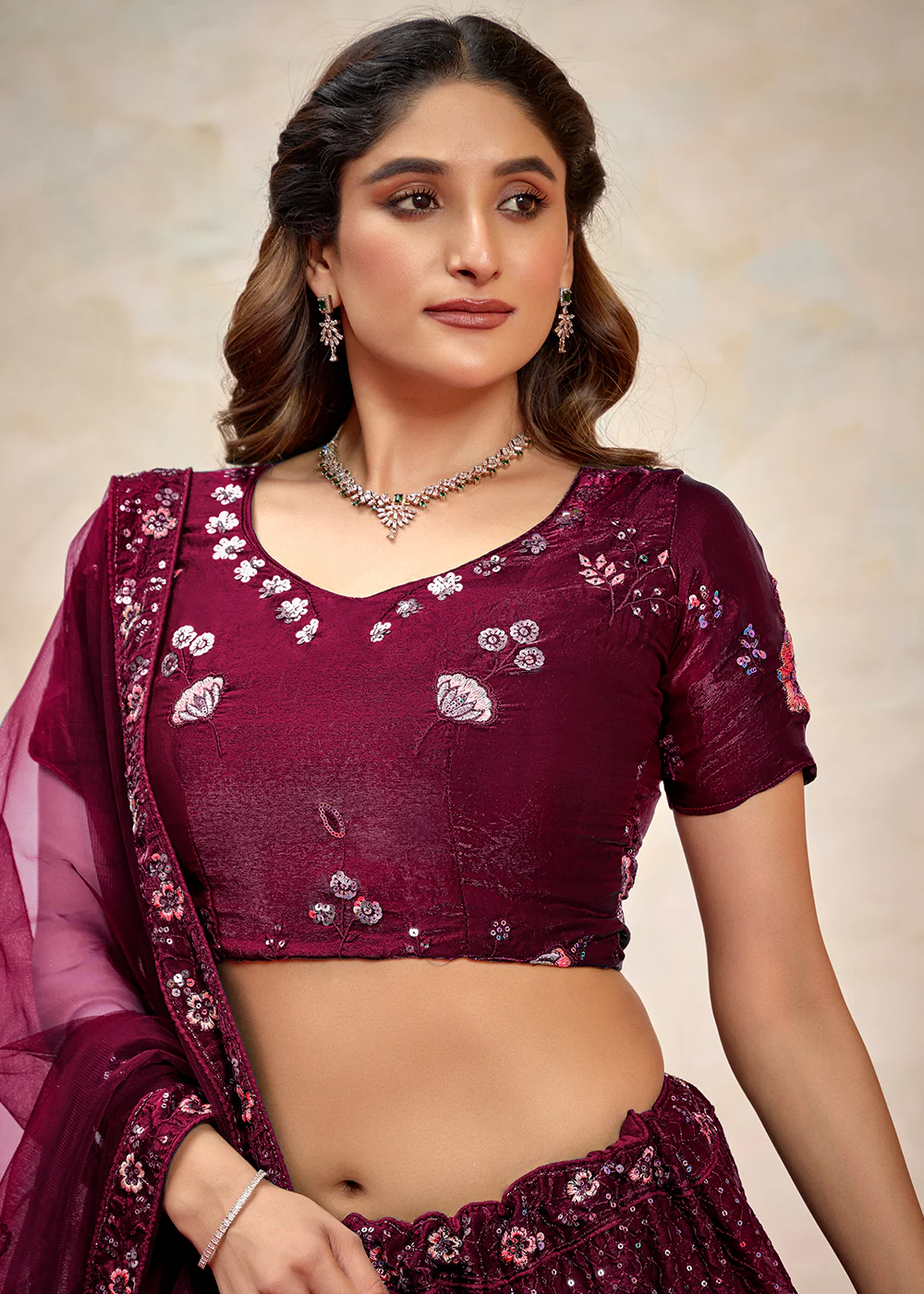 Wine Fendy Silk Embroidered Party Wear Lehenga Choli - Image 2