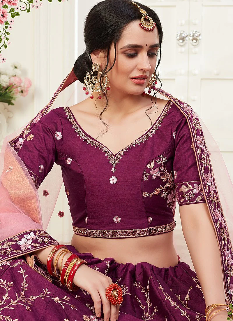 Wine Floral Embroidered Art Silk Lehenga Choli - Image 2